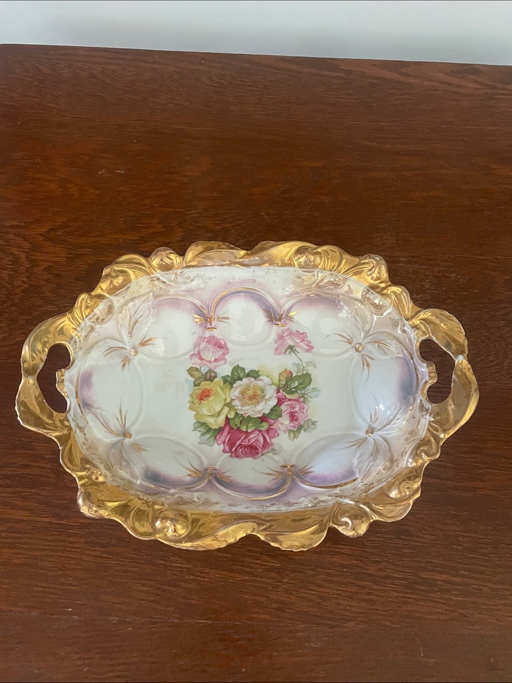 Hand-Painted Floral Porcelain Serving Tray with Gold Trim German antique